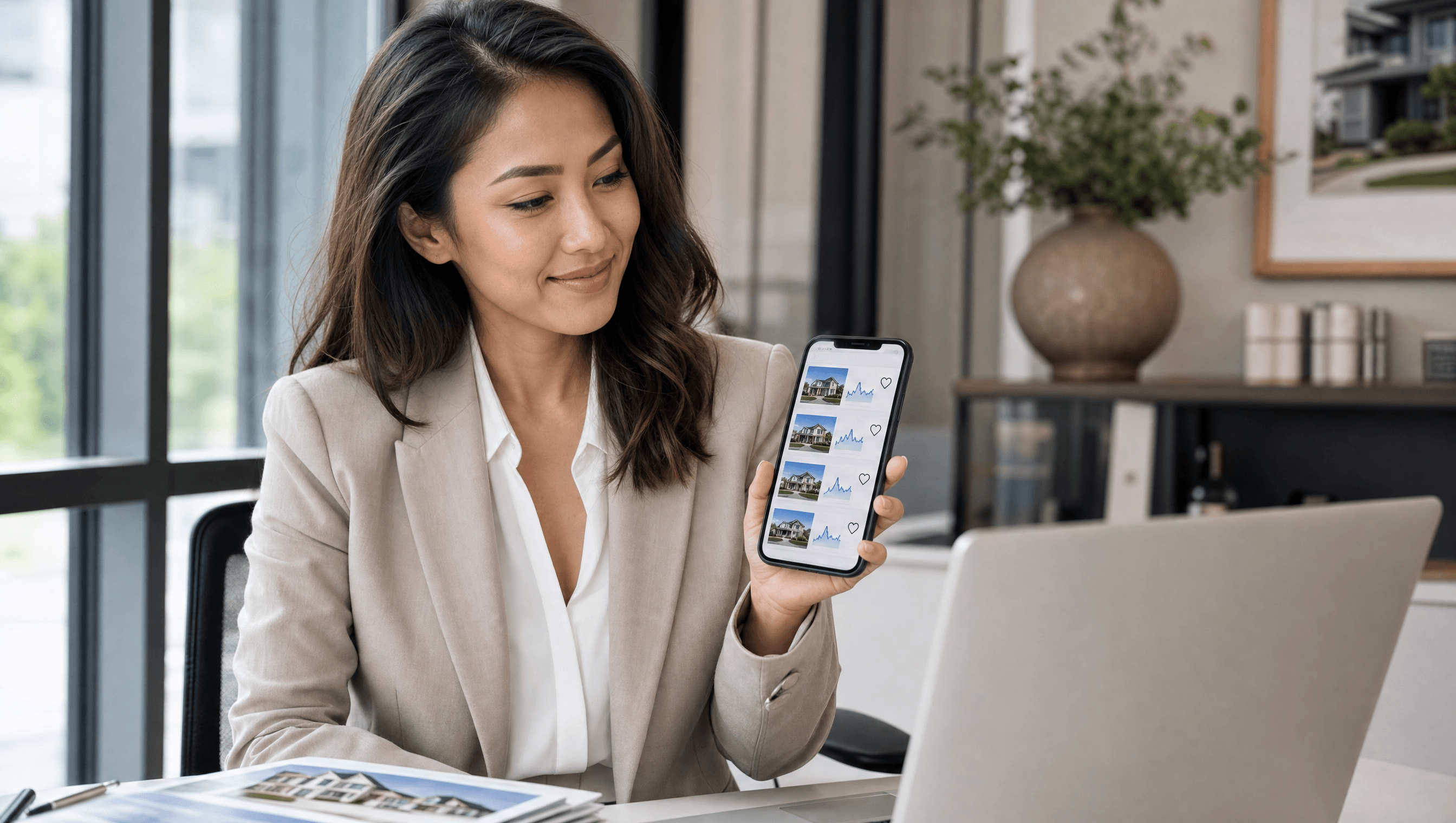 A real estate agent checking a listing analytics dashboard with views and saves on their phone