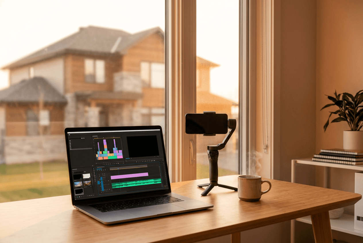 Laptop showing a video editing timeline next to a smartphone gimbal on a desk, with a house visible through the window at golden hour