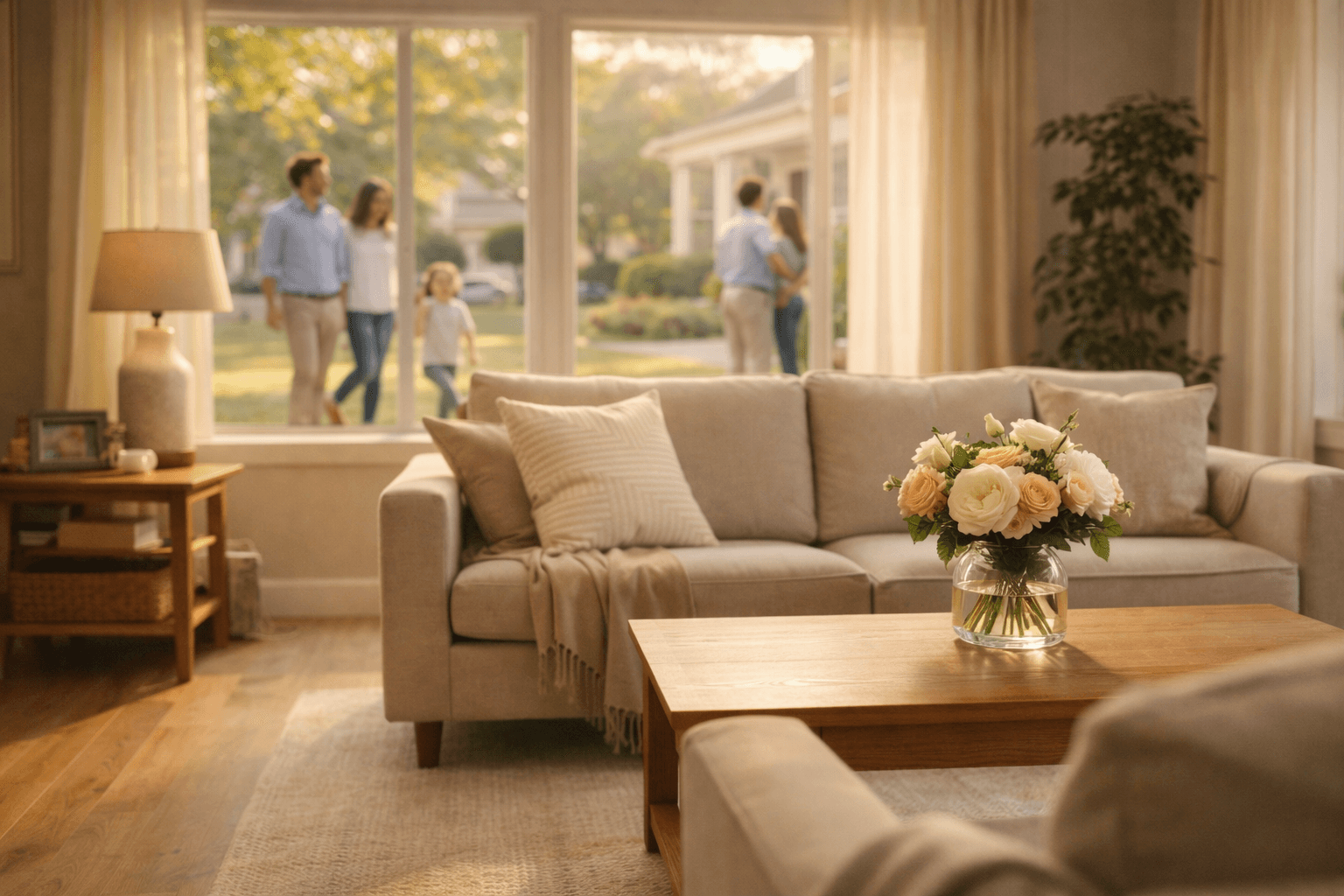 Sunlit living room staged for an open house, featuring a neutral sofa, wooden coffee table with fresh flowers, and large windows overlooking a quiet suburban neighborhood.