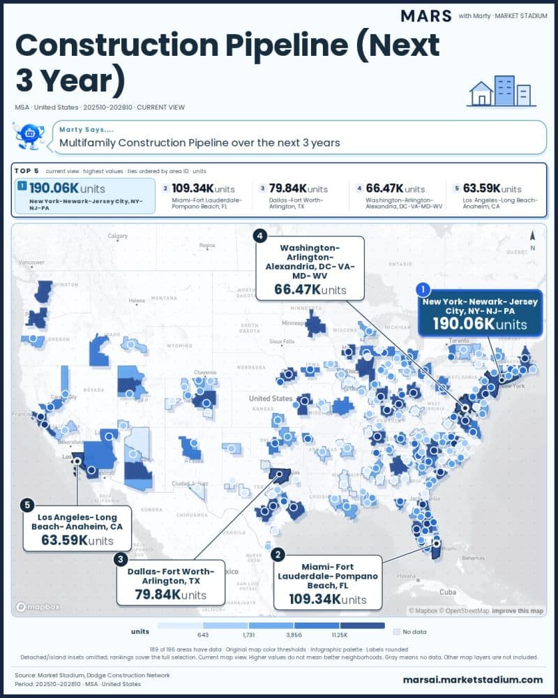 Map showing the U.S. multifamily construction pipeline over the next three years