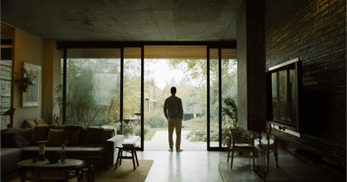 Realtor admiring a luxury home listing with floor-to-ceiling windows and indoor-outdoor living space.