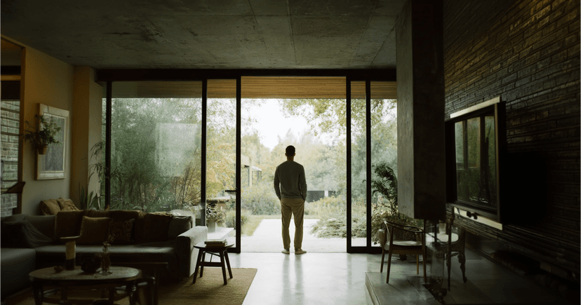 Realtor admiring a luxury home listing with floor-to-ceiling windows and indoor-outdoor living space.