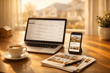 Real estate agent working on email marketing campaigns at a laptop