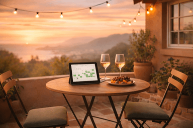 Vacation rental with outdoor seating area overlooking a scenic view at sunset