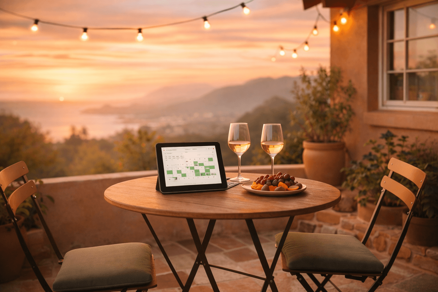 Vacation rental with outdoor seating area overlooking a scenic view at sunset