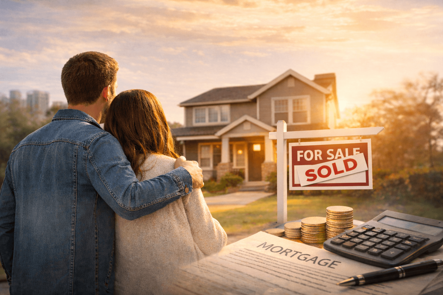 Young couple standing together in front of a suburban home at sunset with a sold sign, symbolizing first-time home buyers entering the 2025 real estate market.