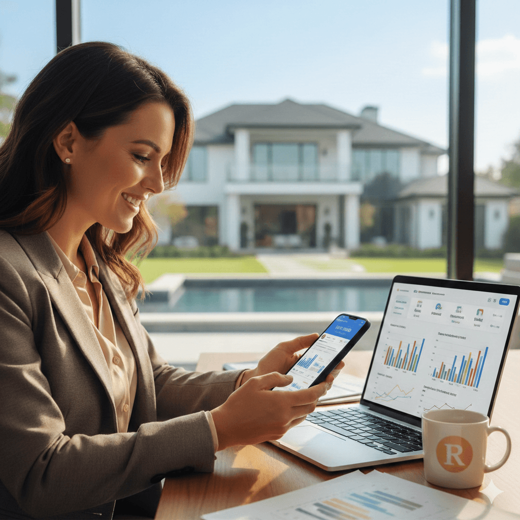 Real estate agent creating social media content on a smartphone with a house in the background