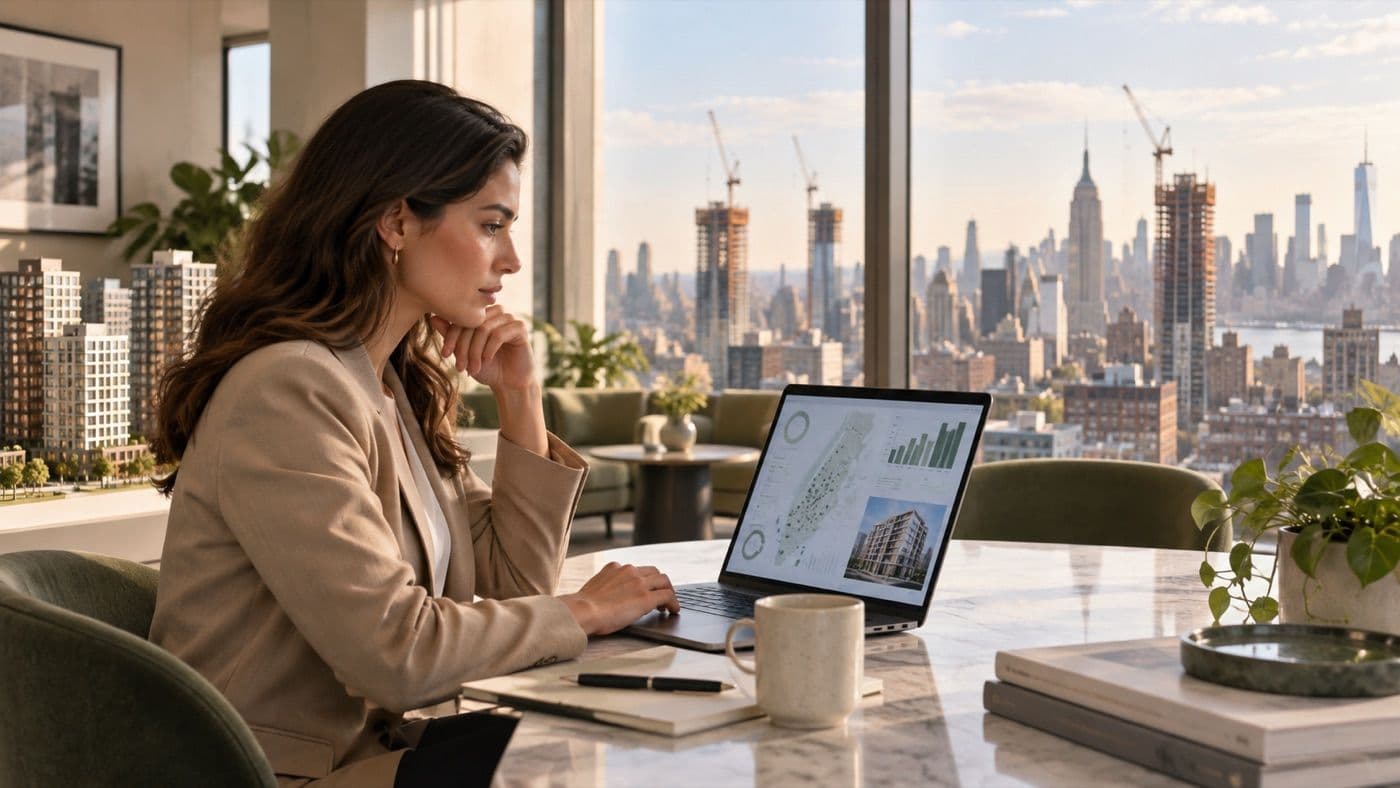 Real estate analyst reviewing multifamily housing data with the New York City skyline and construction cranes in the background