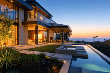 Modern luxury home exterior at twilight with pool and warm interior lighting