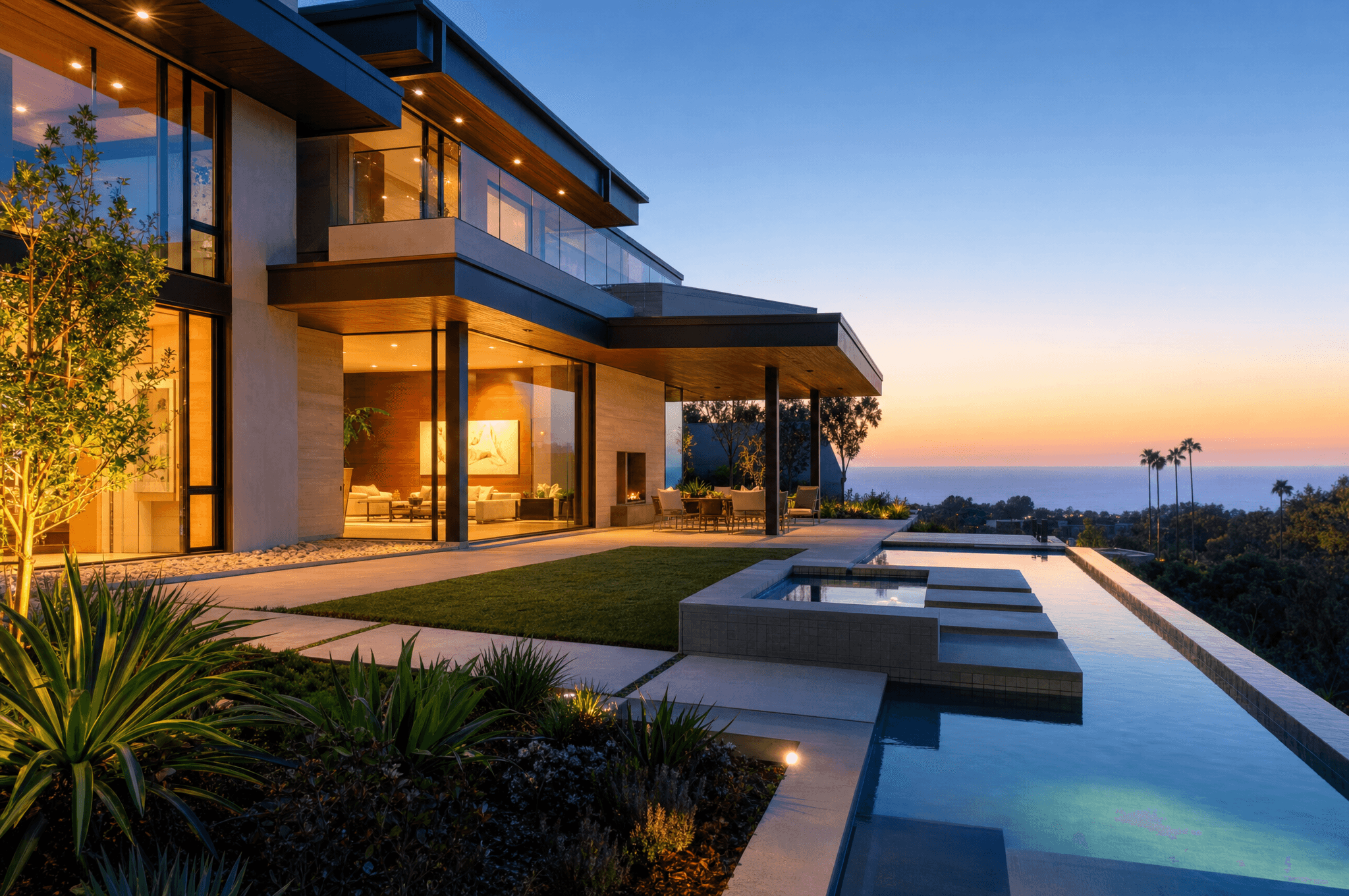 Modern luxury home exterior at twilight with pool and warm interior lighting