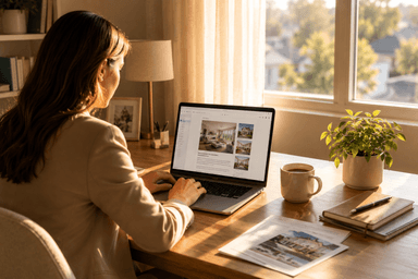 Real estate agent working on email newsletter at a wooden desk near a window with morning golden light