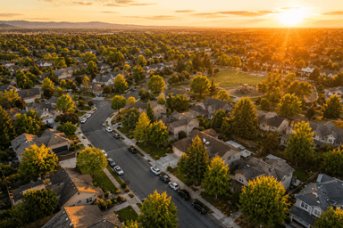 Aerial view of a charming suburban neighborhood with tree-lined streets at golden hour