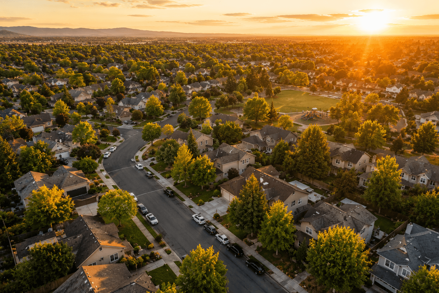 Aerial view of a charming suburban neighborhood with tree-lined streets at golden hour