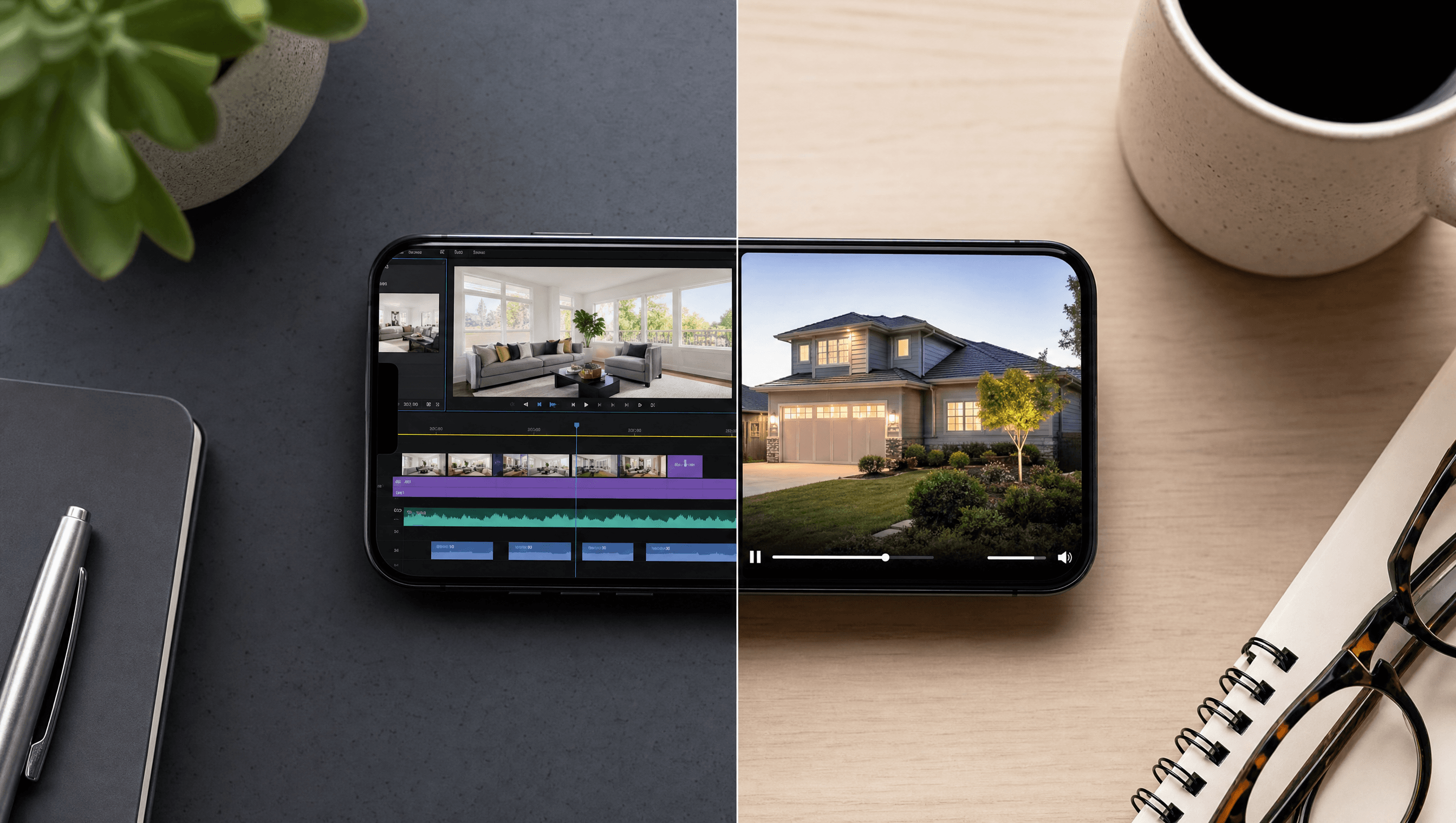 A smartphone and laptop showing a video editing timeline next to a finished listing video
