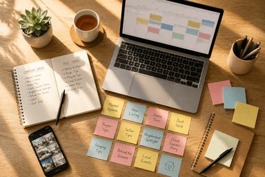 Overhead view of a creative content planning workspace with laptop, sticky notes, and notebook in warm afternoon light