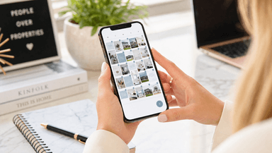 A real estate agent's phone showing a social media content calendar with scheduled posts