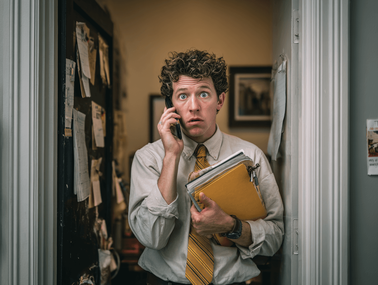 A stressed real estate agent on the phone holding a folder, looking overwhelmed.