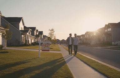 A pair of potential home buyers walking through a quiet suburban neighborhood at sunset, passing a 'For Sale' sign in a 2025 buyer's market.