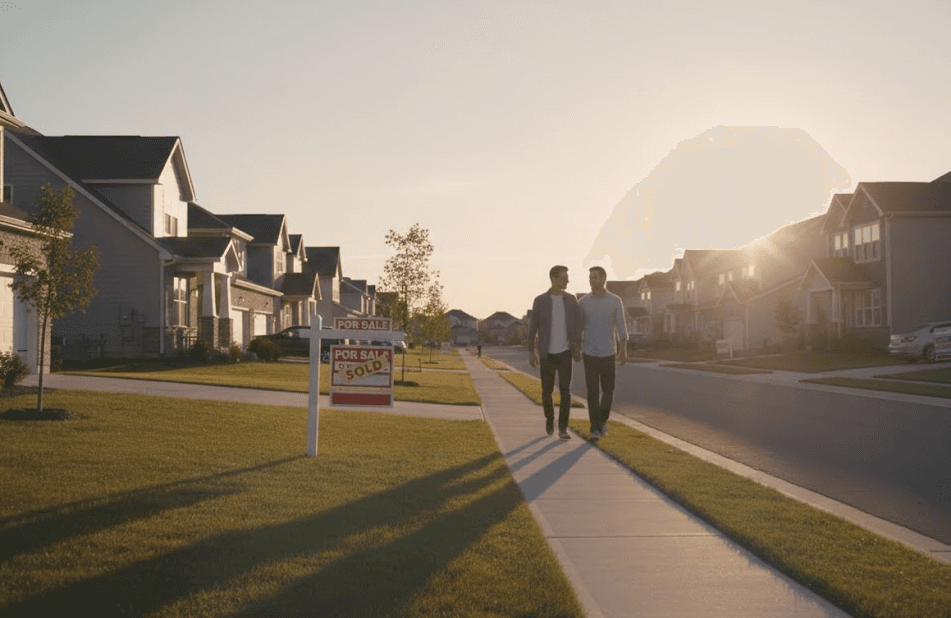 A pair of potential home buyers walking through a quiet suburban neighborhood at sunset, passing a 'For Sale' sign in a 2025 buyer's market.