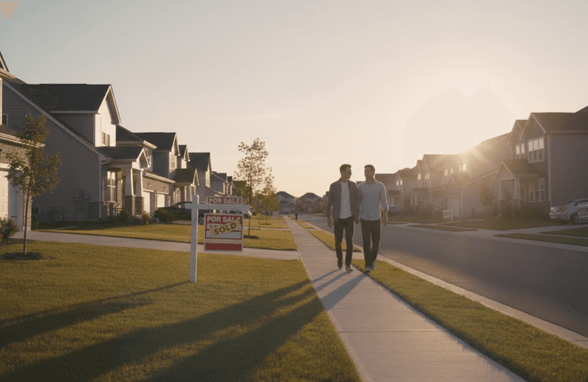 A pair of potential home buyers walking through a quiet suburban neighborhood at sunset, passing a 'For Sale' sign in a 2025 buyer's market.