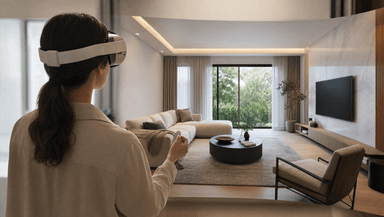 A person wearing a VR headset viewing a virtual walkthrough of a modern living room