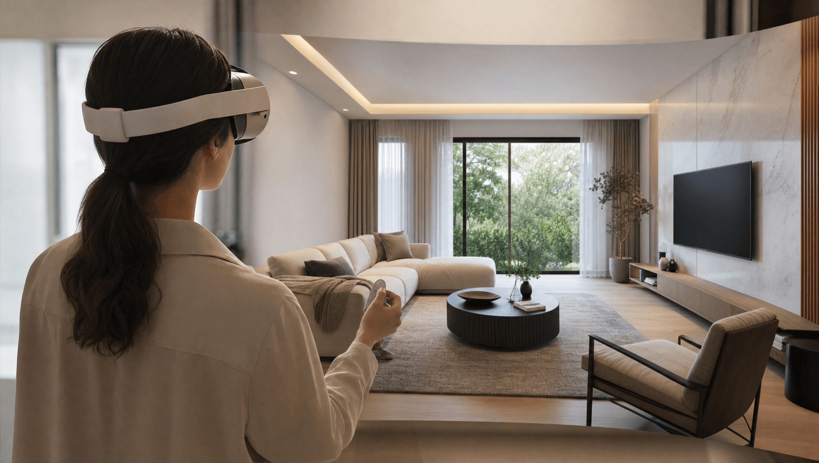 A person wearing a VR headset viewing a virtual walkthrough of a modern living room