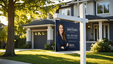 A real estate yard sign with a rider panel in front of a house on a residential street