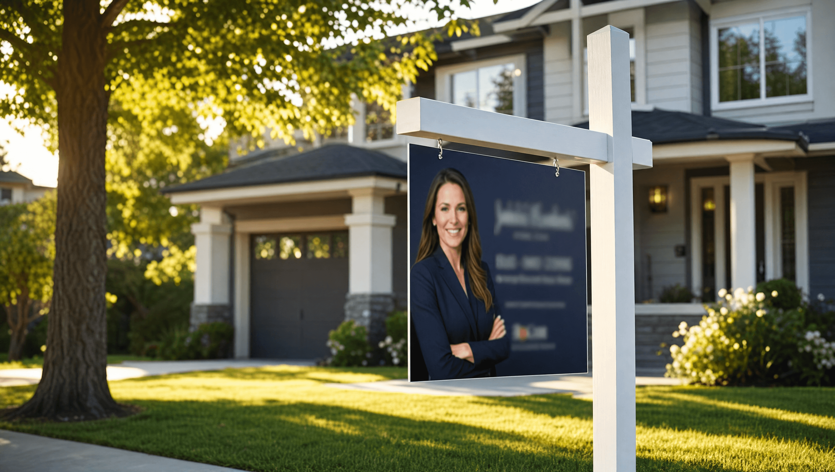 A real estate yard sign with a rider panel in front of a house on a residential street