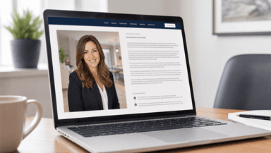 A real estate agent's website profile page open on a laptop showing a headshot and bio text