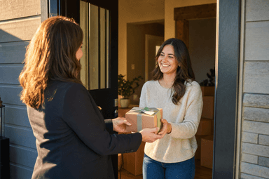 Real estate agent handing a wrapped closing gift to a smiling new homeowner
