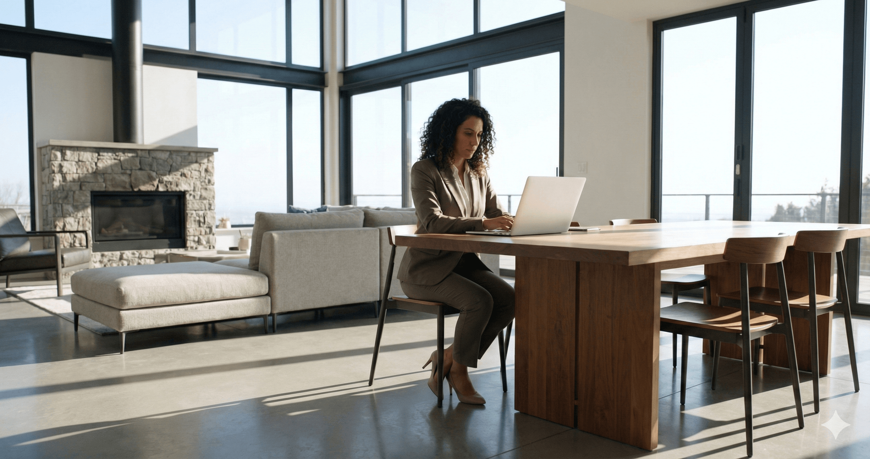 Professional real estate agent working on a laptop at a large wooden table inside a sunlit modern luxury home with floor-to-ceiling windows.